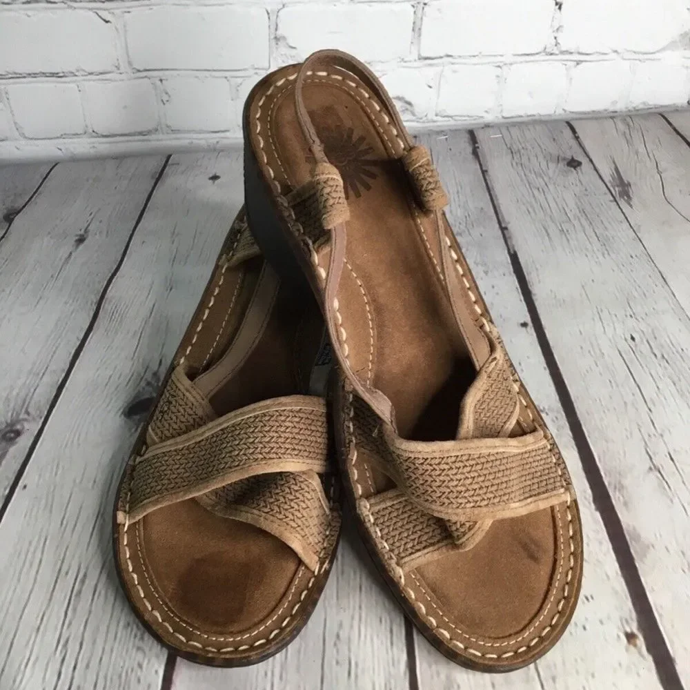 UGG 3146 Strappy Slingback Jute Wedge Sandals Women Size‎ 9 Brown Nubuck/Leather